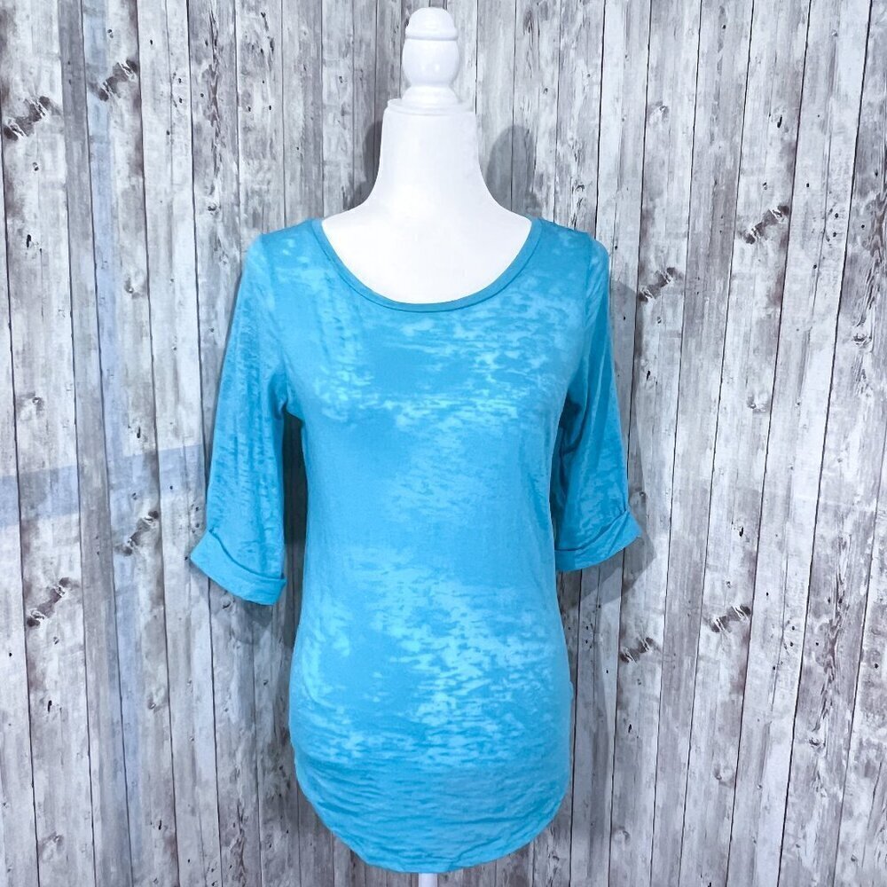 Roxy Burnout Tee | 3/4 Sleeve | Aqua Blue | Medium | Scoop Neck Top | Women's